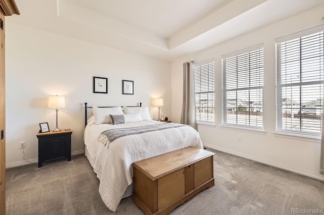 bedroom with carpet flooring, a raised ceiling, and baseboards
