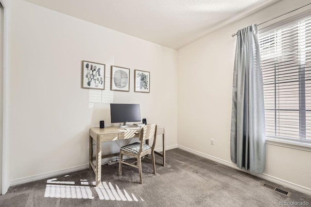 office featuring plenty of natural light, visible vents, and carpet flooring