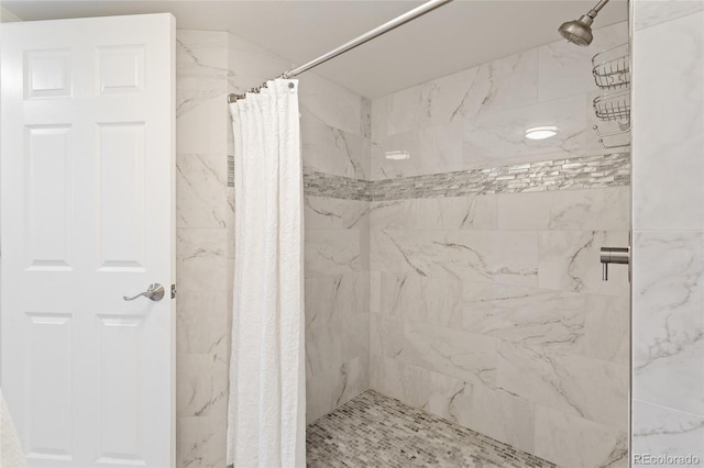 bathroom with a shower with shower curtain