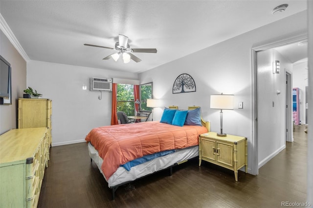 10150 E Virginia Ave Unit 11-202, Denver, CO 80247 - bedroom with a wall mounted AC, dark wood finished floors, and a ceiling fan