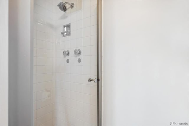 interior details with a shower with shower door