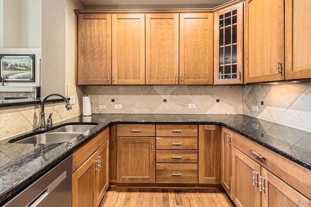 kitchen with a sink, dishwasher, dark stone counters, and tasteful backsplash