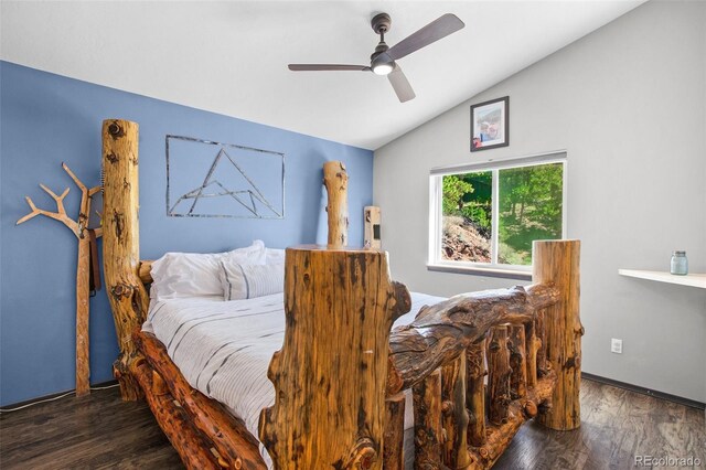 bedroom with lofted ceiling, dark hardwood / wood-style flooring, and ceiling fan