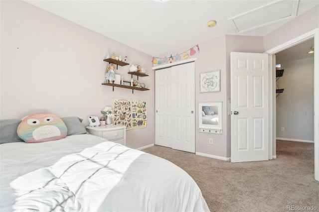 bedroom featuring a closet and light carpet