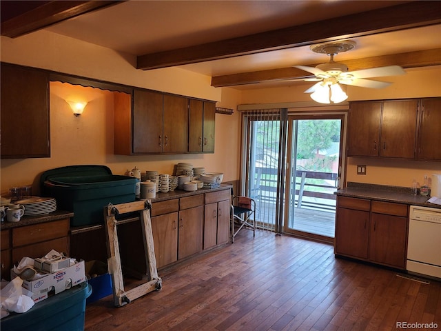 5274 W Rowland Pl, Littleton, CO 80128 - kitchen featuring white dishwasher, dark countertops, beam ceiling, a ceiling fan, and dark wood finished floors