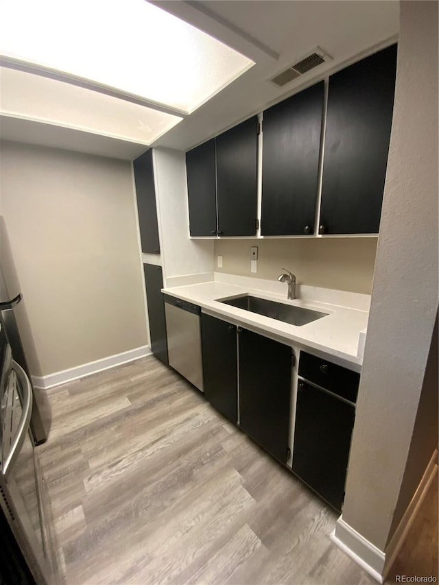 kitchen with sink, light hardwood / wood-style floors, and stainless steel dishwasher