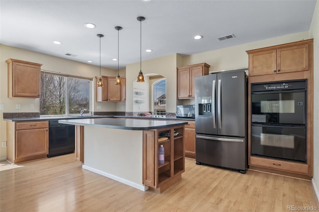 kitchen with black appliances, dark countertops, open shelves, light wood-style flooring, and recessed lighting