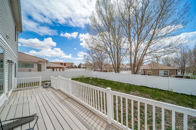 wooden terrace featuring a fenced backyard and a residential view