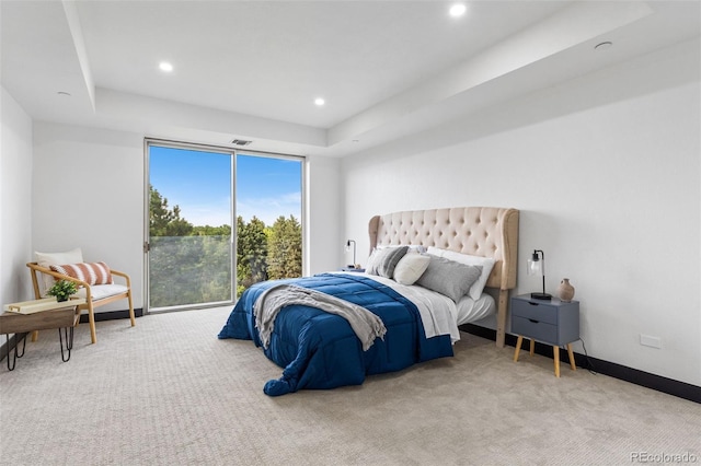 bedroom featuring a raised ceiling and carpet floors