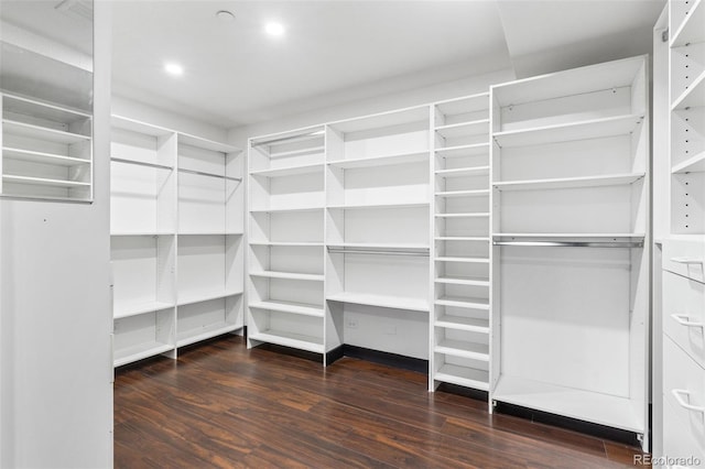 walk in closet with dark wood-type flooring