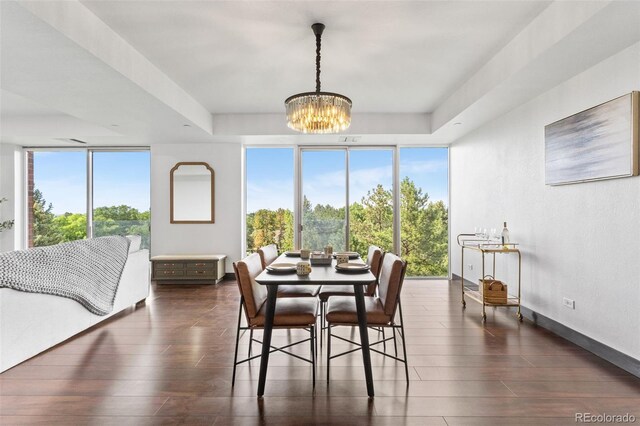 dining room with dark hardwood / wood-style flooring, floor to ceiling windows, a raised ceiling, and a chandelier