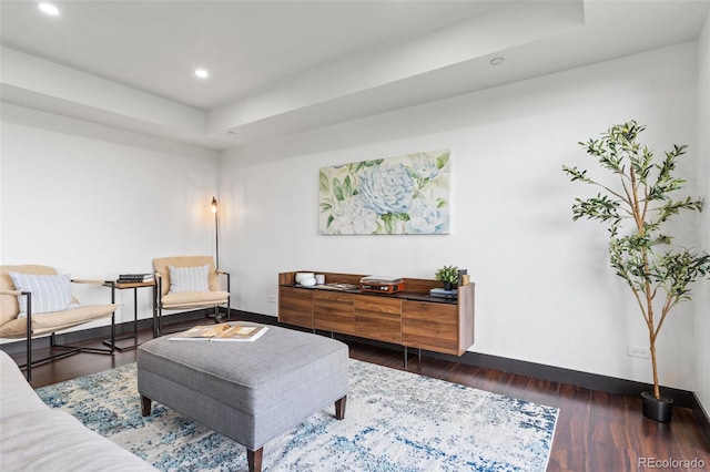 living room featuring dark hardwood / wood-style flooring and a tray ceiling