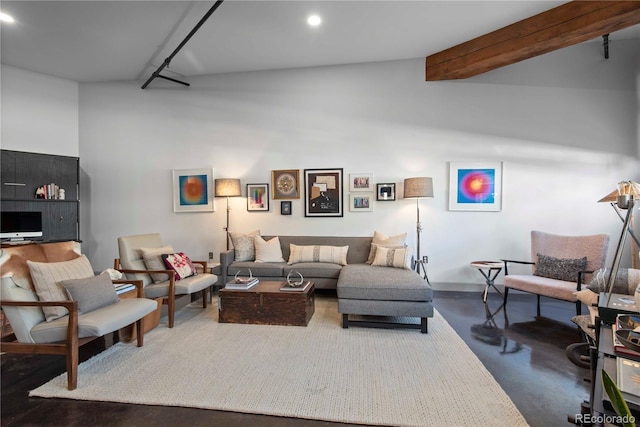 2500 Walnut St Unit 106, Denver, CO 80205 - living area featuring recessed lighting, beamed ceiling, baseboards, finished concrete flooring, and high vaulted ceiling