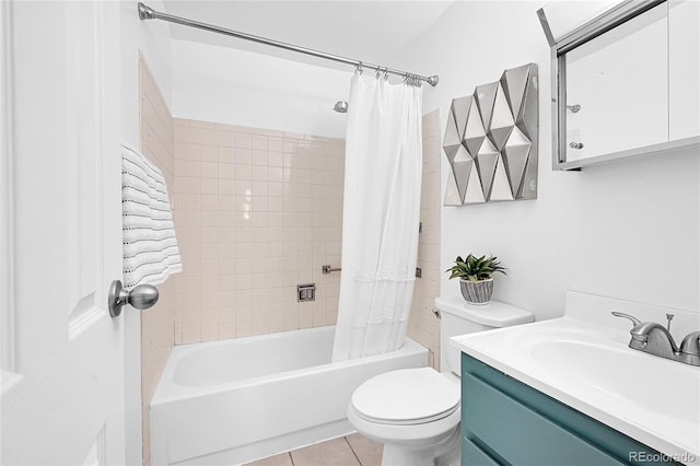 full bathroom featuring vanity, shower / tub combo with curtain, toilet, and tile patterned floors