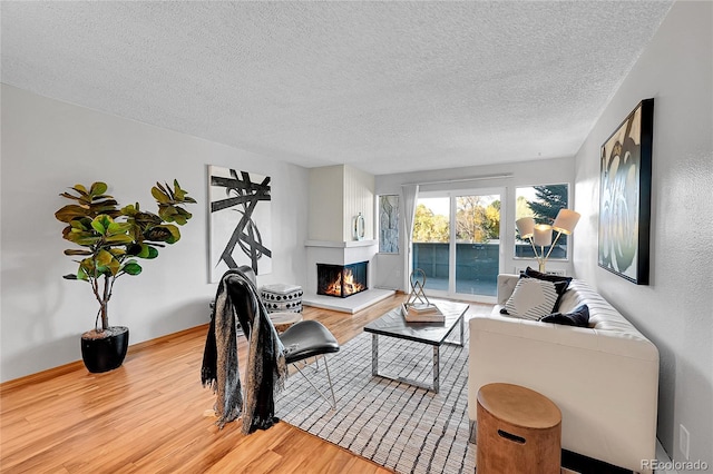 living room with light hardwood / wood-style floors and a textured ceiling