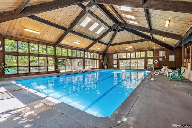 view of pool with a skylight