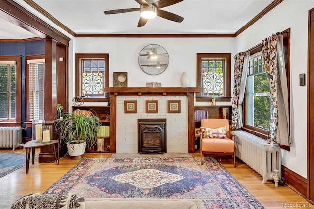 2236 Forest St, Denver, CO 80207 - living area featuring radiator heating unit, plenty of natural light, light wood-style flooring, and crown molding