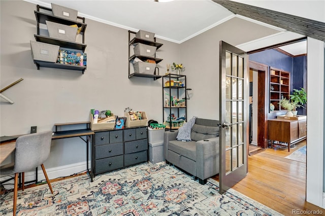 2236 Forest St, Denver, CO 80207 - office with wood finished floors, crown molding, french doors, and baseboards