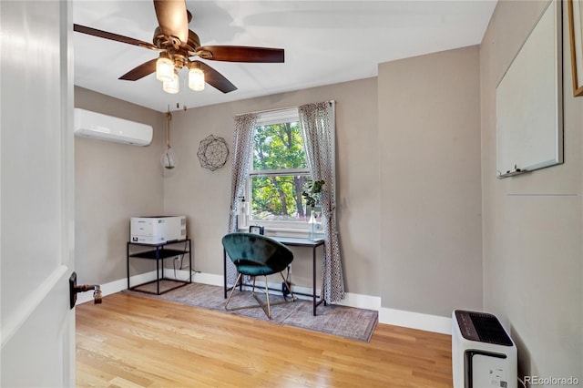 2236 Forest St, Denver, CO 80207 - office featuring a wall unit AC, wood finished floors, a ceiling fan, heating unit, and baseboards