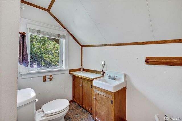 2236 Forest St, Denver, CO 80207 - bathroom featuring toilet, vanity, and lofted ceiling
