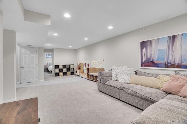 living room featuring light colored carpet