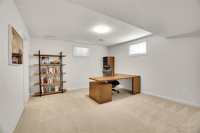 office with light carpet and a textured ceiling