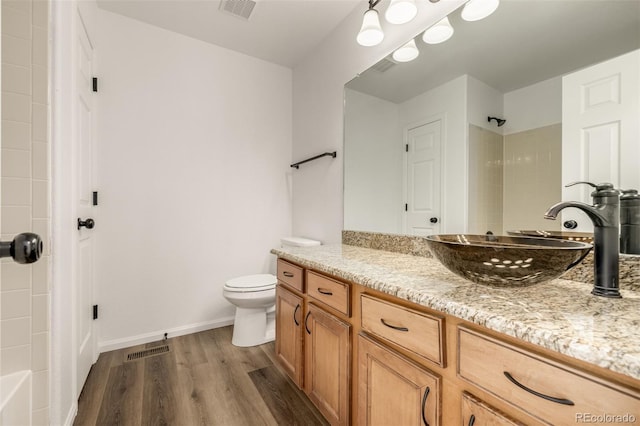 bathroom with vanity, wood-type flooring, and toilet