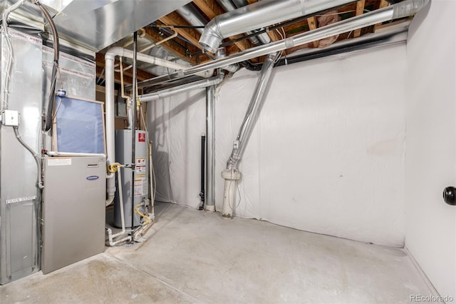 basement with heating unit and water heater