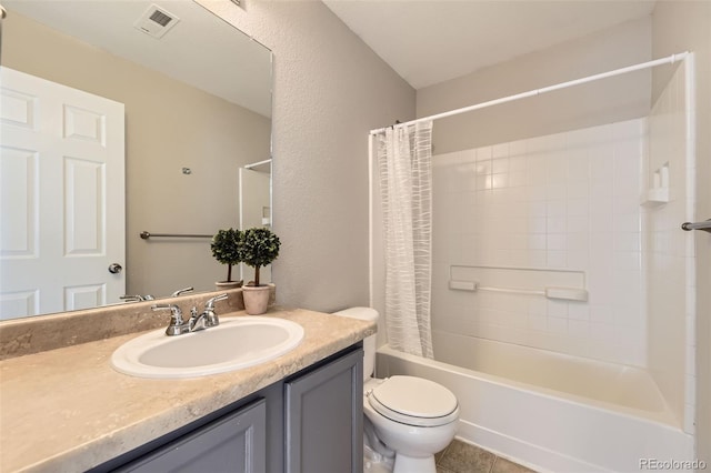 full bathroom featuring visible vents, toilet, shower / tub combo, tile patterned floors, and vanity