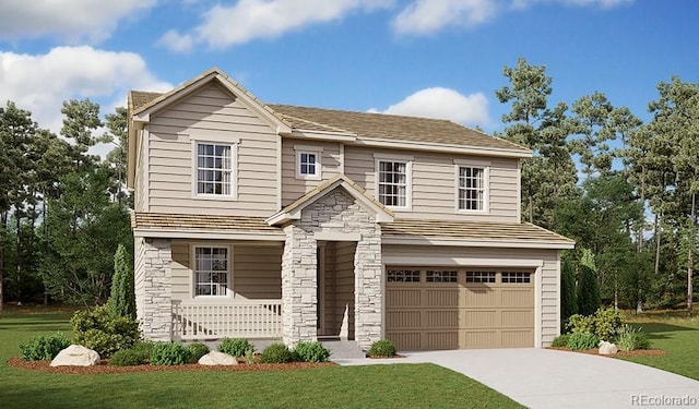 view of front of home with a garage, stone siding, a front yard, and driveway