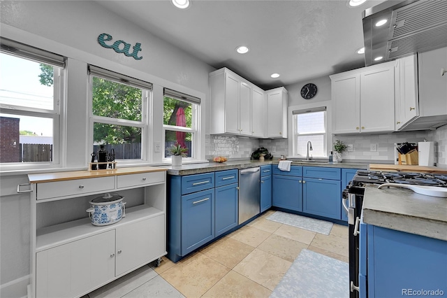 1208 S Pennsylvania St, Denver, CO 80210 - kitchen featuring appliances with stainless steel finishes, blue cabinets, backsplash, and recessed lighting