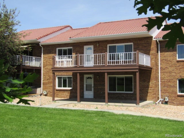 rear view of house with a patio and a lawn