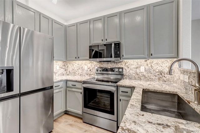 837 E 98th Ave Unit 403, Thornton, CO 80229 - kitchen featuring appliances with stainless steel finishes, gray cabinetry, a sink, light stone countertops, and backsplash
