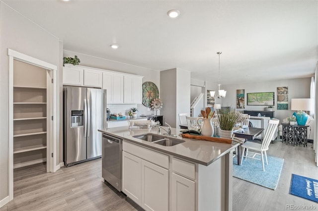 kitchen with white cabinetry, stainless steel appliances, decorative backsplash, sink, and a center island with sink