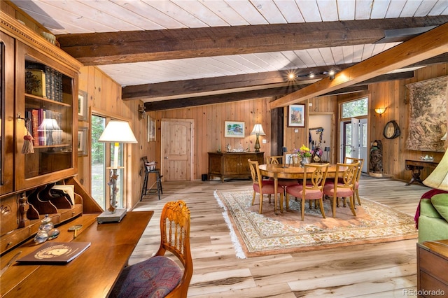 dining room with wooden ceiling, wooden walls, lofted ceiling with beams, and light hardwood / wood-style flooring