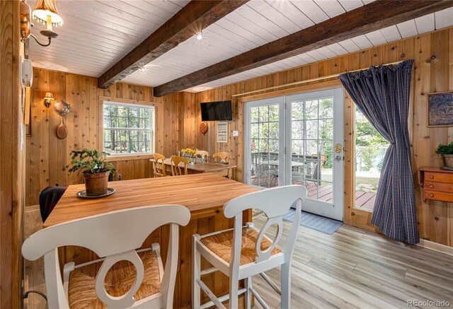 kitchen with wood walls, light hardwood / wood-style floors, and beam ceiling