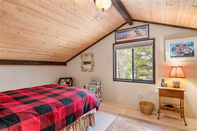 bedroom featuring wooden ceiling, lofted ceiling with beams, and light hardwood / wood-style flooring