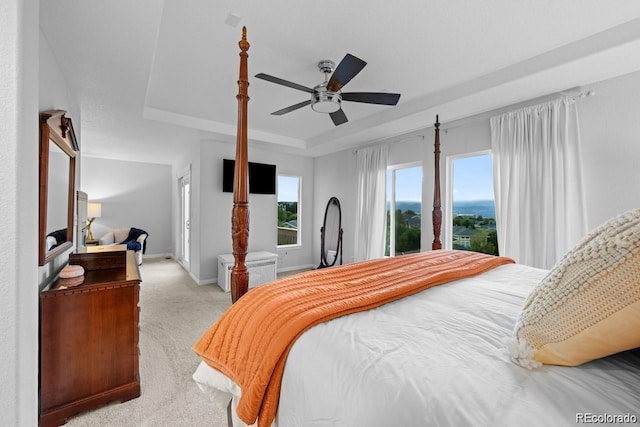 10837 Fox Sedge Way, Highlands Ranch, CO 80126 - bedroom with a tray ceiling, light colored carpet, and a ceiling fan