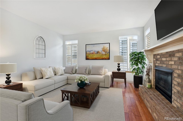 living room with wood-type flooring and a fireplace