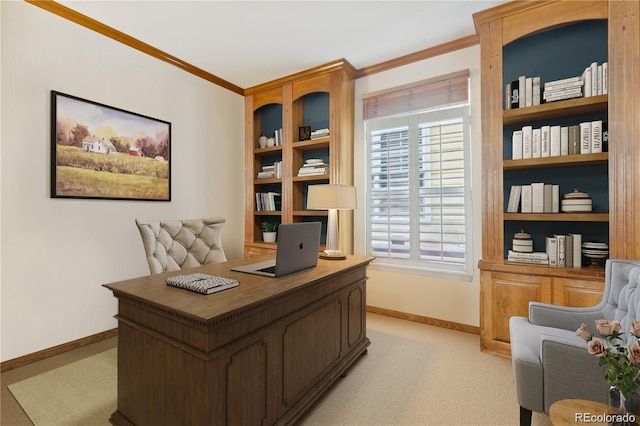 home office featuring light colored carpet and ornamental molding