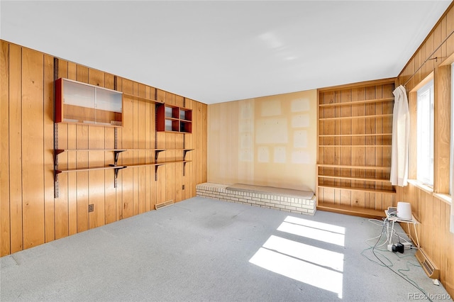 spare room featuring wooden walls, built in features, and carpet floors