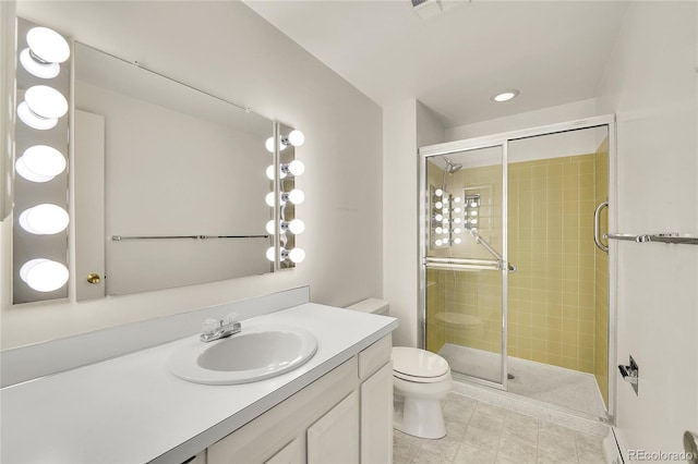 bathroom with visible vents, a stall shower, toilet, and vanity