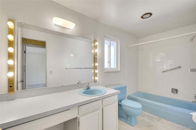 full bathroom featuring toilet,  shower combination, and vanity