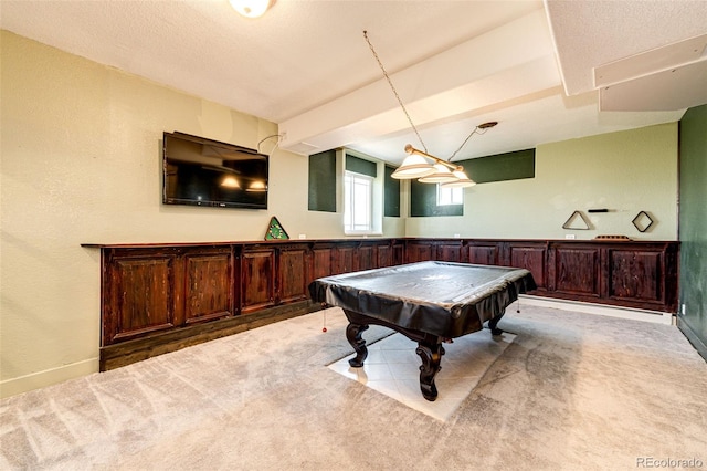 game room with light colored carpet and pool table