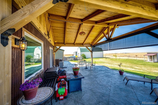 view of patio / terrace featuring a storage unit and a grill