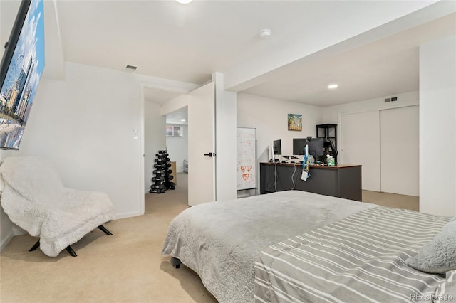 carpeted bedroom with recessed lighting, baseboards, and visible vents