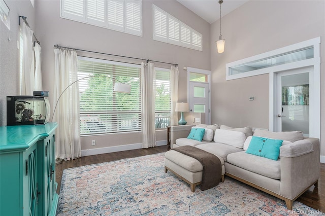 2868 Kingston St, Denver, CO 80238 - living area with a high ceiling and dark wood-type flooring