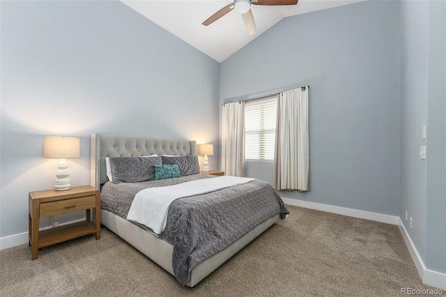 2868 Kingston St, Denver, CO 80238 - bedroom with carpet, high vaulted ceiling, and a ceiling fan