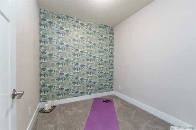 2868 Kingston St, Denver, CO 80238 - workout room with carpet flooring, wallpapered walls, and a textured ceiling