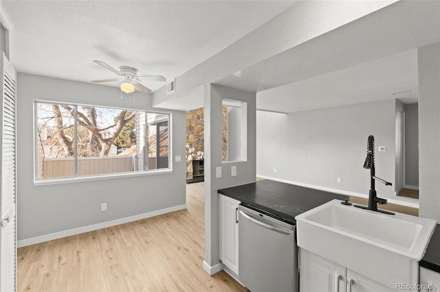 13633 E Yale Ave Unit B, Aurora, CO 80015 - kitchen featuring dishwasher, a sink, ceiling fan, white cabinets, and light wood finished floors
